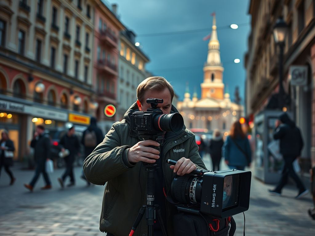 Фотограф на улице на фоне исторических зданий, готовится к съемке с видеокамерой и фотоаппаратом.